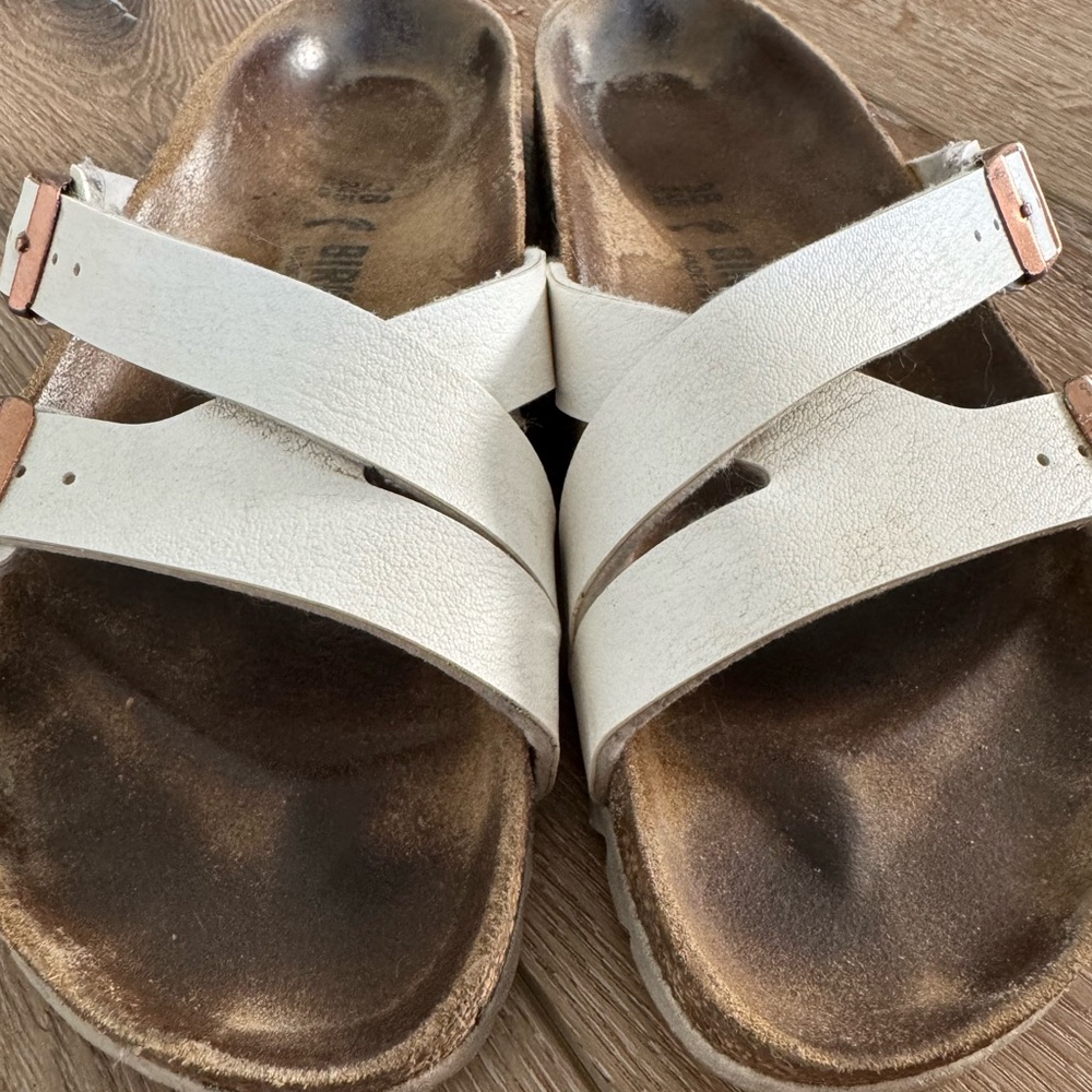 Birkenstock White Cross-Strap Brown Footbed Sandals